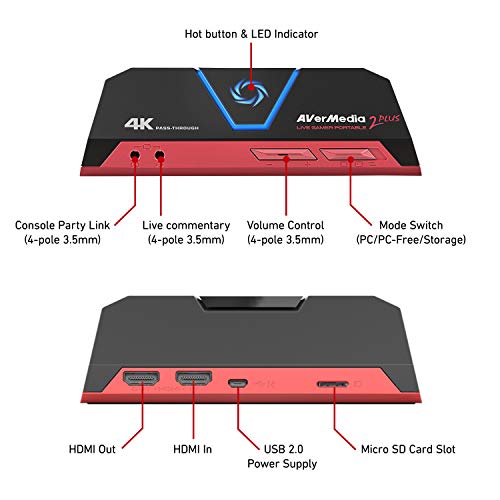 AVerMedia Live Gamer Portable 2 Plus, 4K Pass-Through, Capturadora de juegos 1080p60 USB , Baja latencia, Grabación, Stream, Plug and Play, para Xbox, Playstation, Switch (GC513)