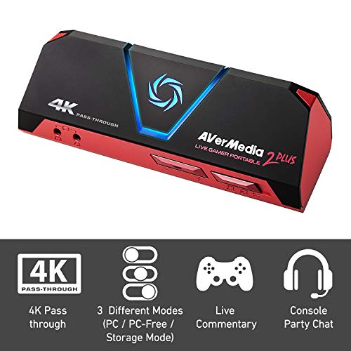 AVerMedia Live Gamer Portable 2 Plus, 4K Pass-Through, Capturadora de juegos 1080p60 USB , Baja latencia, Grabación, Stream, Plug and Play, para Xbox, Playstation, Switch (GC513)