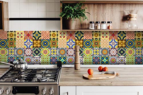 Backsplash Pegatinas para azulejos, 24 unidades, auténticos azulejos de Talavera tradicionales, para baño y cocina, fáciles de aplicar, solo retirar el papel y pegar, decoración del hogar, 10 x 10 cm