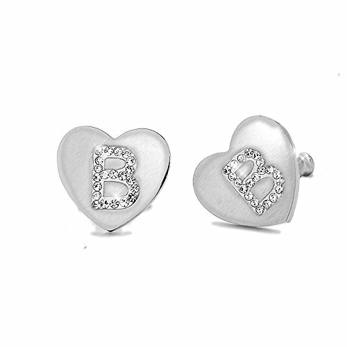 Beloved ❤ Pendientes de mujer con cristales de acero, con letra inicial en forma de corazón, letra del alfabeto de cristal, con perno y mariposa, para lóbulos perforados, estilo Tiffany B