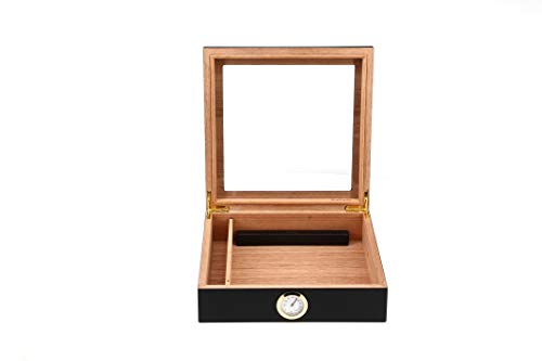 BigSmoke Humidor de Puros - Caja de Madera con Exterior de Cedro, Humidificador e Higrómetro Magnético de Latón - Caja Hermética con Tapa de Vidrio, Divisor y Bisagras - 30 Puros - Negro