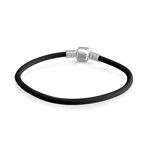 Bling Jewelry Pulsera Simple de Cuero Negro Genuino para Las Mujeres para el Encanto de Entrada se Adapta a Las Cuentas Europeas de Plata de Ley 6.5 Pulgadas