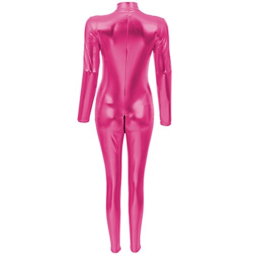 Body de Manga Larga Cuero PU Brillante para Mujer, Mono con Cremallera de Cuerpo Completo Metálico Catsuit Delgado Bodycon Etapa Nocturno Sexy Ropa de Club Rosa Caliente M