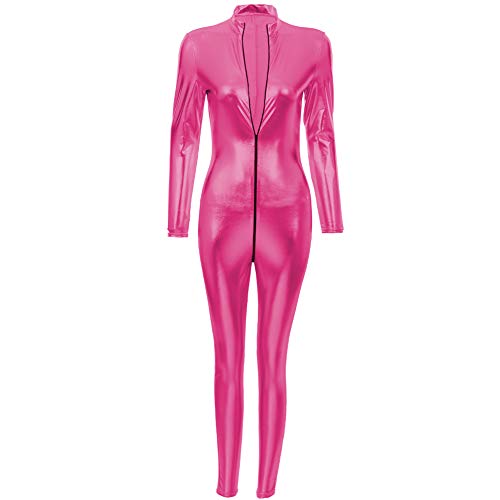 Body de Manga Larga Cuero PU Brillante para Mujer, Mono con Cremallera de Cuerpo Completo Metálico Catsuit Delgado Bodycon Etapa Nocturno Sexy Ropa de Club Rosa Caliente M