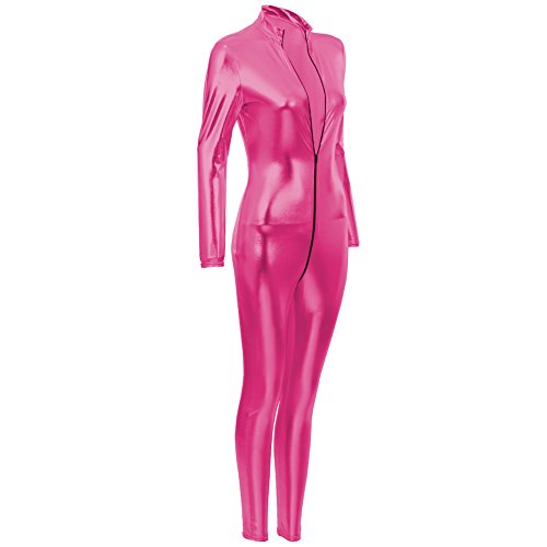 Body de Manga Larga Cuero PU Brillante para Mujer, Mono con Cremallera de Cuerpo Completo Metálico Catsuit Delgado Bodycon Etapa Nocturno Sexy Ropa de Club Rosa Caliente M