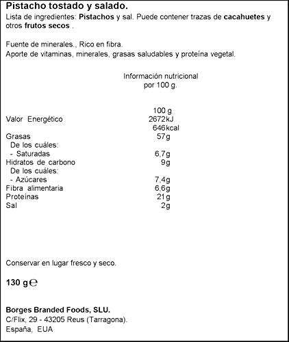 Borges - Pistachos con cáscara tostados y salados - Bolsa de 130 g