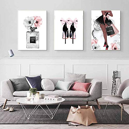 Botella de perfume Cartel nórdico Arte de la pared Moda Tacones altos Impresión de la lona Pintura Mujer Imágenes para la sala Decoración moderna SIN marco 35 * 50 cm * 3