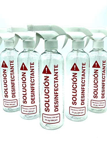 Botella Spray pulverizador de plástico reciclable vacío 500ml transparente rellenable marcado con Solución desinfectante, 3 modos. Pack 5 botellas para limpieza. Uso profesional y doméstico.