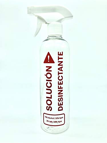 Botella Spray pulverizador de plástico reciclable vacío 500ml transparente rellenable marcado con Solución desinfectante, 3 modos. Pack 5 botellas para limpieza. Uso profesional y doméstico.