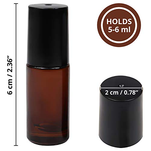 Botellas Vacía Roll On (Paquete de 24) - 5-6 ml Brown Botella Vidrio con Acero Rodillo de lnoxidable para Productos Labiales, Aceites Esenciales, Regalos cosméticos, Perfumes