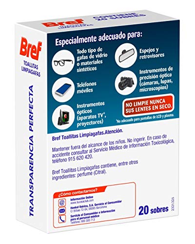 Bref Toallitas Limpiadoras para Gafas, Smartphones, Cámaras, Espejos y otros Dispositivos y Superficies 20 Unidades - Pack de 4, Total: 80 Unidades