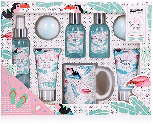 BRUBAKER Set de Baño y Ducha 'Coco playa' - 8 piezas - Set de regalo de belleza con taza de cerámica