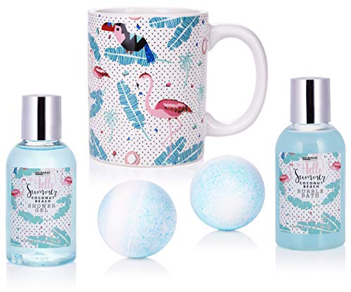 BRUBAKER Set de Baño y Ducha 'Coco playa' - 8 piezas - Set de regalo de belleza con taza de cerámica