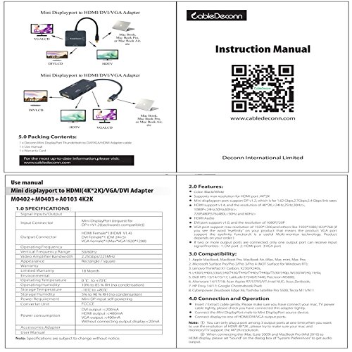 CableDeconn 3-en-1 Mini Displayport (ThunderboltTM compatible) a Hdmi/DVI/VGA Cable adaptador Convertidor - puerto Hdmi compatible con 4 K resolución