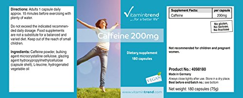 Cafeína cápsulas 200mg – Anhidra – ¡Bote para 6 MESES!– Vegana – 180 cápsulas – Cafeína pura