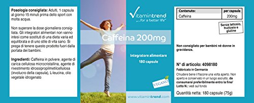 Cafeína cápsulas 200mg – Anhidra – ¡Bote para 6 MESES!– Vegana – 180 cápsulas – Cafeína pura