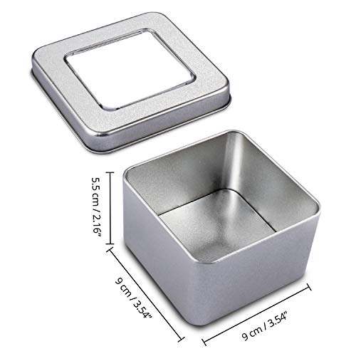 Caja de Metal con Tapa (Pack de 10) - Contenedor Metalico Multi Almacenamiento (9 x 9 x 5,5cm) Cajas de Metal sin Bisagra - Lata Vacía Tapa Transparente, Cosméticos, Especias, Hilo, Monedas y Más