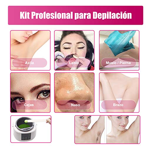 Calentador de Cera Aplicación Eléctrica Wolady Kit de Eliminación de Cera Caliente Depilatory Cera 500ml 4 Paquetes Granos Cera 10 Palillos Spa Cara para Brazos Axilas Piernas Bikini Pantalla Digital