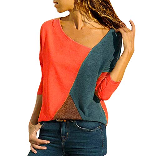 Camiseta de Mujer,Patchwork Moda Cuello Redondo Manga Larga Camiseta Mujer Top Mujer Camisas Mujer Verano Elegantes Casual Blusa Camisa T-Shirt vpass