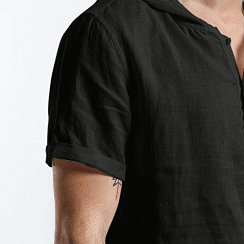 Camisetas con Capucha Rebajas Yvelands Verano de Hombre Baggy Algodón de Lino SOID Color Tops de Manga Corta Camisa de Trabajo(Negro,XL)