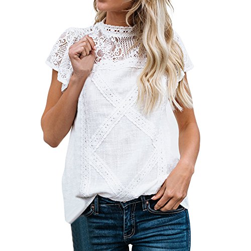 Camisetas Mujer Manga Larga Encaje 2019 Nuevo SHOBDW Moda Playa de Verano Camisetas Mujer Blanca Gasa Sexy Fuera del Hombro Casual Suelto Tops Blusa(Blanco,S)