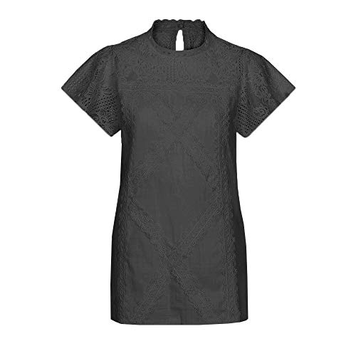 Camisetas Mujer SHOBDW Dia de la Mujer Verano Patchwork De Encaje Casual Ahuecar Volantes Manga Corta Suéter De Cuello De Tortuga Linda Blusa Floral Camiseta Blanca para Mujer (M, Negro)