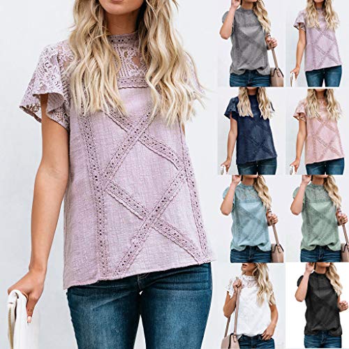 Camisetas Mujer SHOBDW Dia de la Mujer Verano Patchwork De Encaje Casual Ahuecar Volantes Manga Corta Suéter De Cuello De Tortuga Linda Blusa Floral Camiseta Blanca para Mujer (M, Negro)