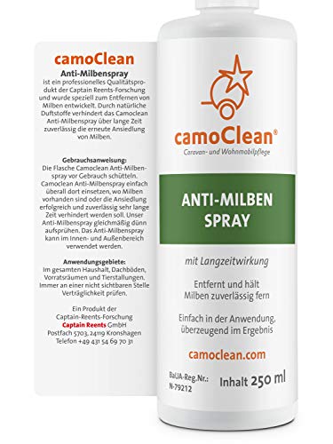 CamoClean Spray antiácaros para colchones, Acolchado, Tejidos, Animales Stallungen | 250 ML Medio contra ácaros con Largo Tiempo Protección | ácaros Funda Alternativa