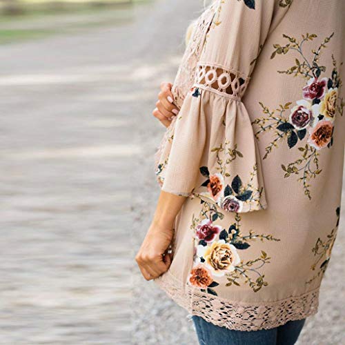 Cardigans Mujer Flores 2019 Nuevo SHOBDW Pareos Casual Cardigans Mujer Kimono Manga 3/4 Tops Blusa Camisa de Protección Solar Verano Cover Up Playa Mujer(Caqui,S)