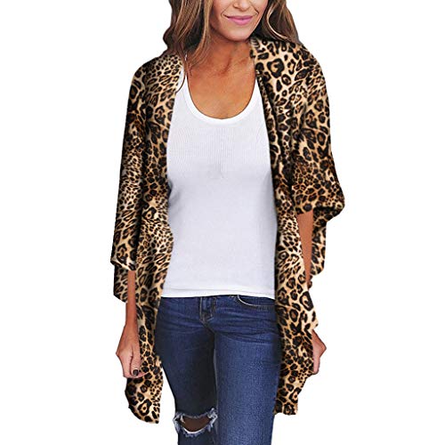 Cardigans Mujer Kimono 2019 Nuevo SHOBDW Pareos Casual Cover Up Bikini Playa de Verano Estampado de Leopardo Suelto Media Manga Chal Cardigans Mujer Tallas Grandes S-XXXL(Marrón 2,S)