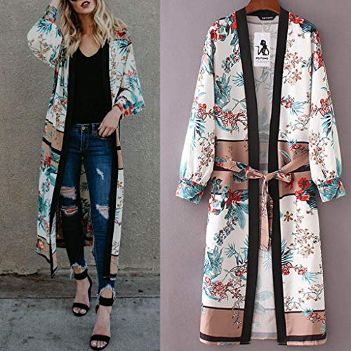 Cardigans Mujer Kimono 2019 Nuevo SHOBDW Pareos Manga Larga Cardigans Mujer Flores Boho Vendaje Playa de Verano Cardigans Mujer Largo Cover Up Suelto Tops Blusa Tallas Grandes S-3XL(Verde,XL)