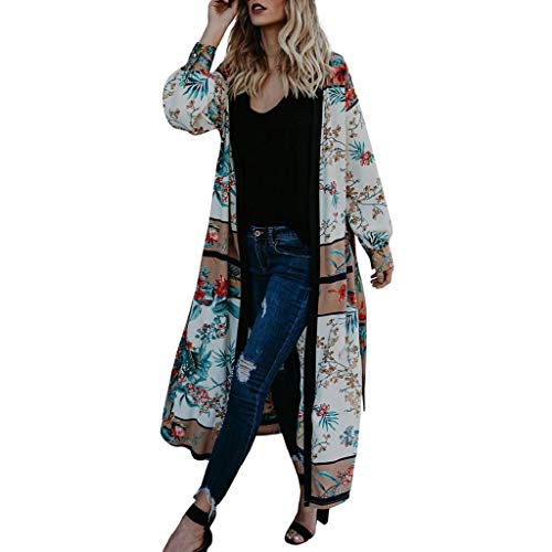 Cardigans Mujer Kimono 2019 Nuevo SHOBDW Pareos Manga Larga Cardigans Mujer Flores Boho Vendaje Playa de Verano Cardigans Mujer Largo Cover Up Suelto Tops Blusa Tallas Grandes S-3XL(Verde,XL)