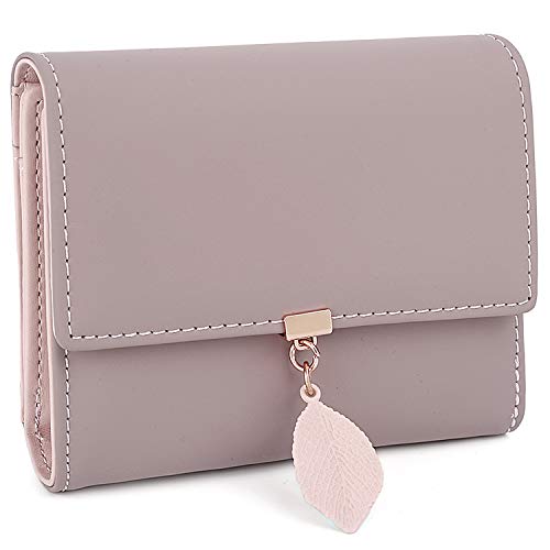 Cartera de Mujer - UTO Monedero Corto Adorno Hoja Colgante Cartera Minimalista con Bolsillo de Cremallera para Monedas Pale Mauve_