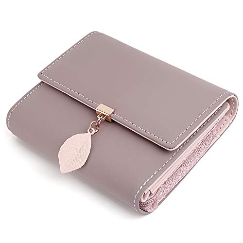 Cartera de Mujer - UTO Monedero Corto Adorno Hoja Colgante Cartera Minimalista con Bolsillo de Cremallera para Monedas Pale Mauve_