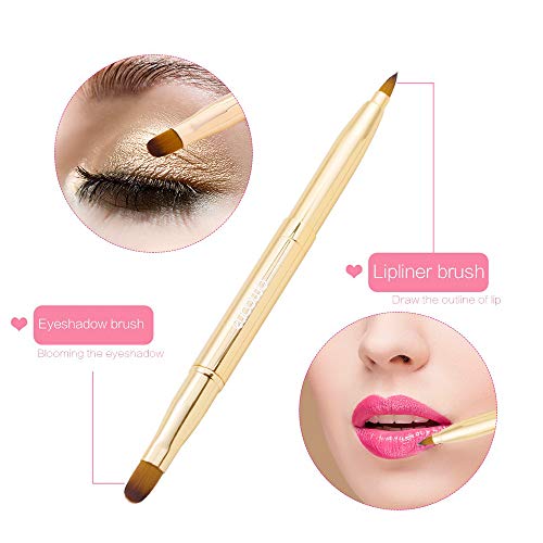 Cepillo de Labios,Pincel Delineador de Ojos,Cepillo de Labios de Doble Cabezal Portátil/Corrector de Doble Uso Pincel de Maquillaje,Cepillo de Cejas,Un Set de 2 Pinceles de Maquillaje,Dorado.