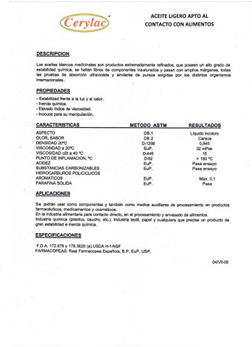 CERYLAC Aceite Mineral para Madera, Pizarra o Piedra - 500 ml. Calidad alimentaria. Aprobado por la Real Farmacopea Española.