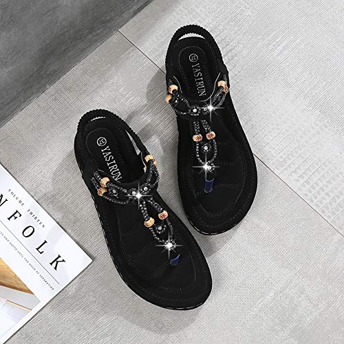 Chickwin Sandalias Mujer Verano, Bohemias Cómodos Zapatos Las Sandalias Planas Tacon Elástica Rhinestone Tobillo Correa Slingback Zapatos Playa Baño Fiesta Chanclas (EU37=235mm/9.25?,Negro)