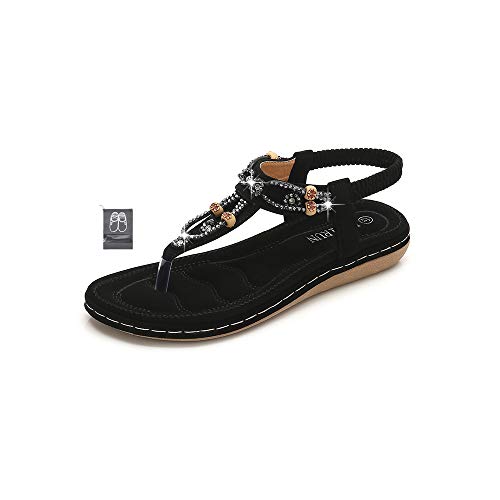 Chickwin Sandalias Mujer Verano, Bohemias Cómodos Zapatos Las Sandalias Planas Tacon Elástica Rhinestone Tobillo Correa Slingback Zapatos Playa Baño Fiesta Chanclas (EU37=235mm/9.25?,Negro)