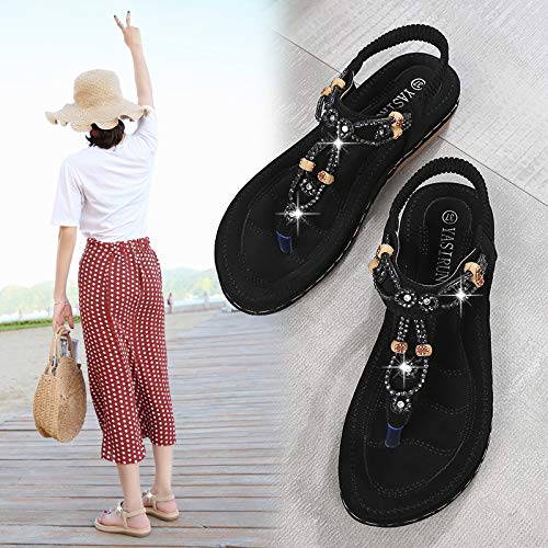 Chickwin Sandalias Mujer Verano, Bohemias Cómodos Zapatos Las Sandalias Planas Tacon Elástica Rhinestone Tobillo Correa Slingback Zapatos Playa Baño Fiesta Chanclas (EU37=235mm/9.25?,Negro)