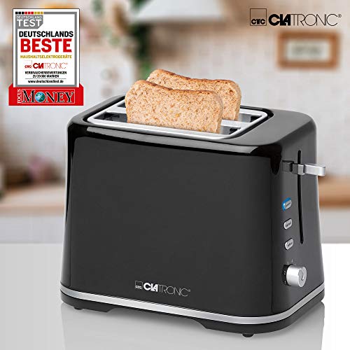 Clatronic TA 3554 Tostadora de pan pequeña con regulador de nivel de tostado, 3 funciones, tostar, calentar y descongelar, 870 W, Plástico, 2 Ranuras, Negro y plata