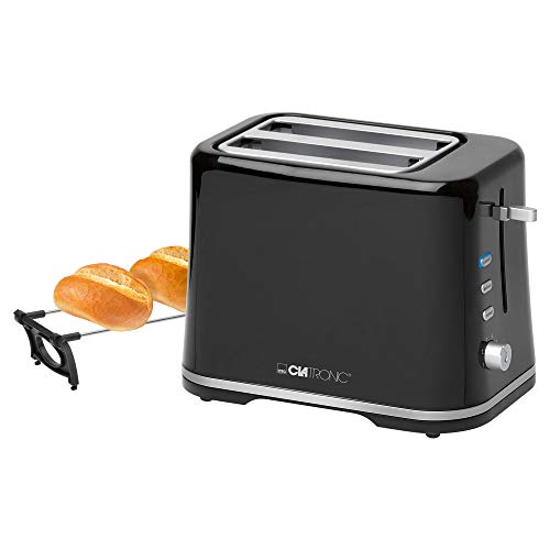 Clatronic TA 3554 Tostadora de pan pequeña con regulador de nivel de tostado, 3 funciones, tostar, calentar y descongelar, 870 W, Plástico, 2 Ranuras, Negro y plata