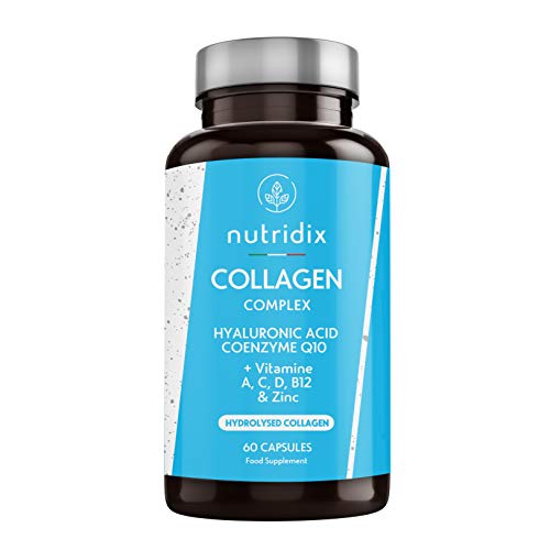 Colágeno + Ácido Hialurónico - Colágeno Hidrolizado para Piel, Pelo y Articulaciones - Vitamina C, A, D, B12, Coenzima Q10 y Zinc - 60 cápsulas Nutridix