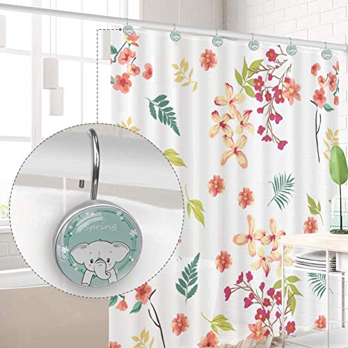 ColorMu Cute Baby Elephant-Hello Spring Cartoon Ganchos para Cortinas de Ducha, Ganchos de Ducha Resistentes al óxido Anillos para baño de visitas, baño Principal, Juego de 12