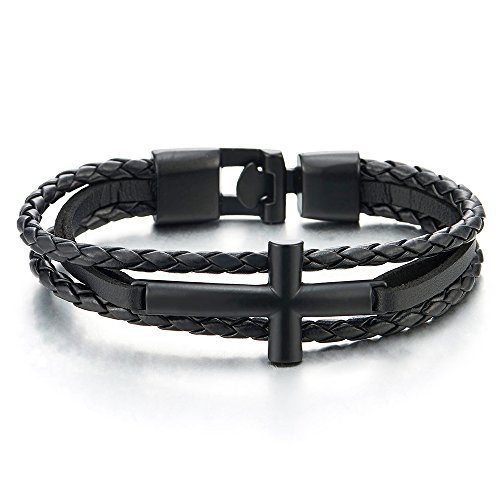 COOLSTEELANDBEYOND Negro Iado Horizontal Lateral Cruz Tres Filas Pulsera, Pulsera Trenzado Cuero de Hombre Mujer