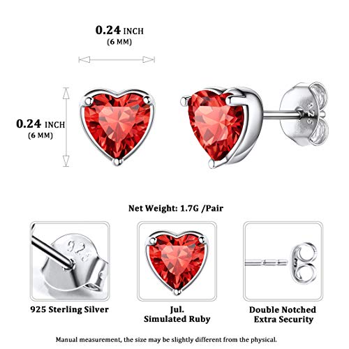 Corazón 925 Plata Cristales de 12 Meses Pendientes Hipoalergénicos para Muchachas Julio Regalo de Cumpleaños Rubí Rojo Día Madre