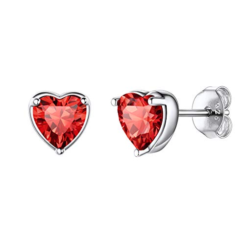 Corazón 925 Plata Cristales de 12 Meses Pendientes Hipoalergénicos para Muchachas Julio Regalo de Cumpleaños Rubí Rojo Día Madre