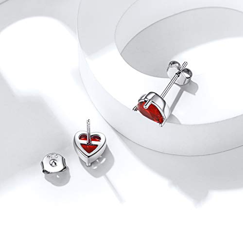 Corazón 925 Plata Cristales de 12 Meses Pendientes Hipoalergénicos para Muchachas Julio Regalo de Cumpleaños Rubí Rojo Día Madre