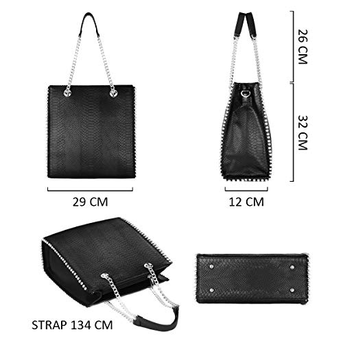 CRAZYCHC - Bolso de Mano Cadena Cuero Serpiente Pitón Mujer - Shopper Tote Remaches Perlas Piel PU - Bolsos de Hombro Mediano - Bolso Compras Rectangular - Elegante Moda Tendencia Designer - Negro