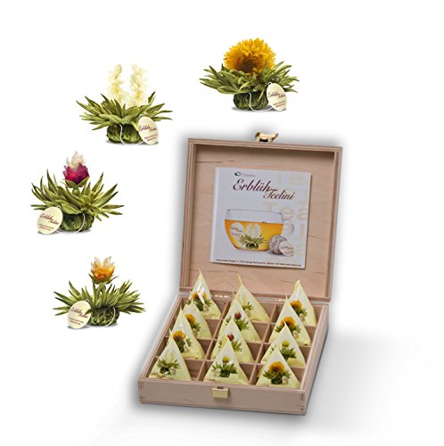 Creano Flores de Taza de Té en Tamaño de Taza, Juego de Regalo en una Caja de Té de Madera, 12 Flores de Taza de Té de 4 Tipos diferentes | Té blanco