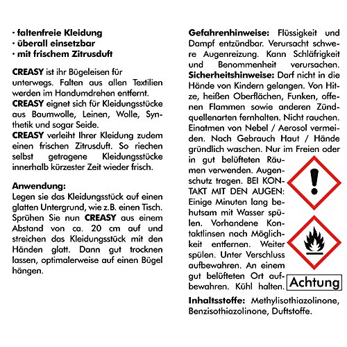 Creasy 75 ml Libre de arrugas Spray faltenex Ropa Spray – anti-arrugas de spray cítricos